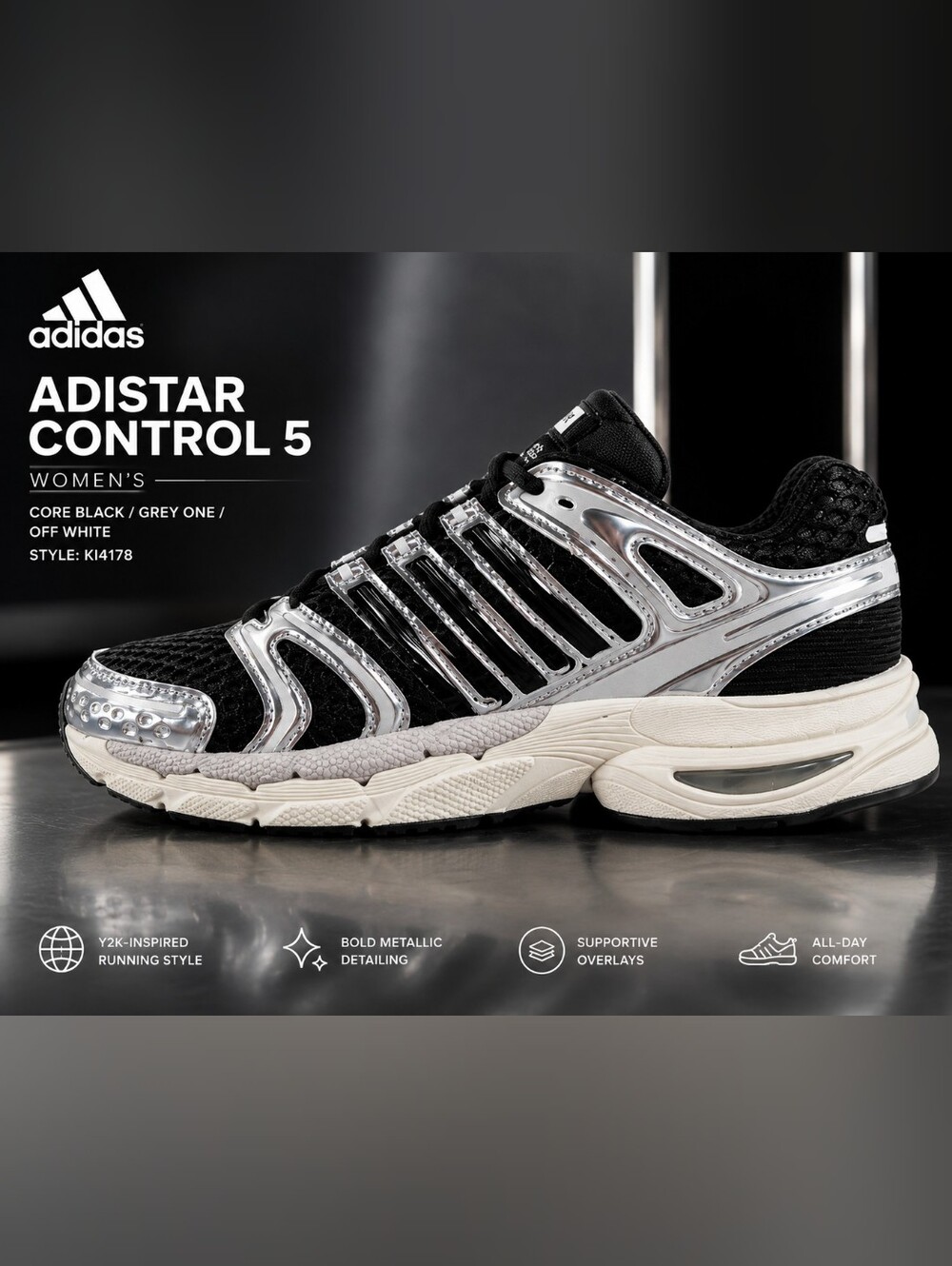 adidas Adistar Control 5 Women's Size 7/Youth 6 – Black Metallic Silver – NIB